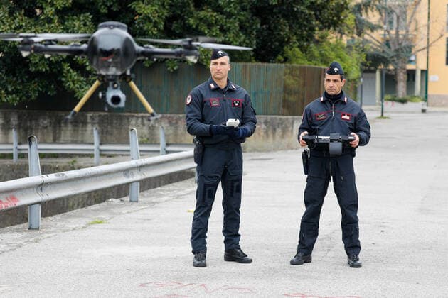 March 25, 2020, Naples, CAMPANIA, ITALY: 03 25 2020 Naples, Scampia district, the carabinieri and the helicopters department of Pontecagnano have presented the new drones that will serve for the control of the gatherings by citizens during the quarantine for the emergency from covid-19 virus Naples ITALY - ZUMAs236 20200325_zap_s236_068 Copyright: xFabioxSassox