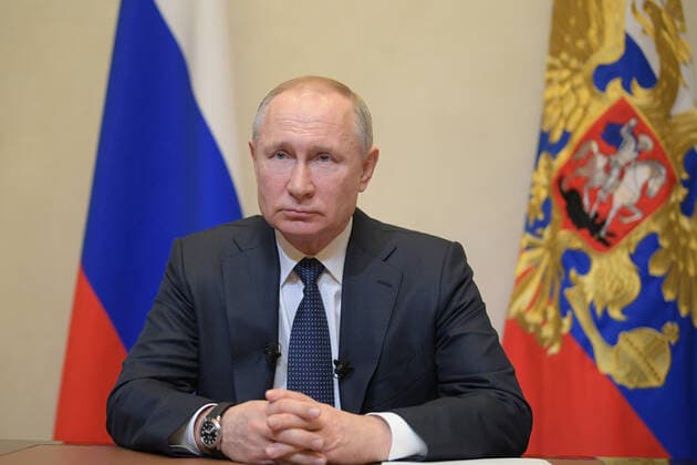 MOSCOW REGION, RUSSIA - MARCH 25, 2020: Russia s President Vladimir Putin addresses Russian citizens on the COVID-19 coronavirus situation. Alexei Druzhinin Russian Presidential Press and Information Office TASS  TS0D3553