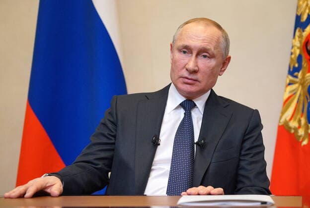 MOSCOW REGION, RUSSIA - MARCH 25, 2020: Russia s President Vladimir Putin addresses Russian citizens on the COVID-19 coronavirus situation at Novo-Ogaryovo residence. Alexei Druzhinin Russian Presidential Press and Information Office TASS  TS0D3568