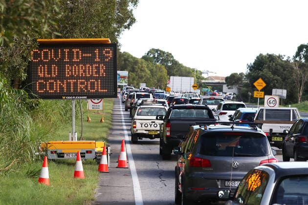 QLD BORDER CLOSURE, Traffic is seen on The Pacific Highway in New South Wales near the Queensland Border, Thursday, March 26, 2020. The Queensland border closed at midnight on Wednesday as authorities try to stop the spread of COVID-19. ( NO ARCHIVING, EDITORIAL USE ONLY, NO USE IN BOOKS WITHOUT CONSENT BRISBANE QLD AUSTRALIA  Copyright: xJASONxO BRIENx 20200326001459843676