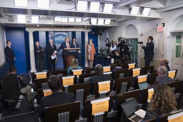 President Donald Trump delivers remarks on the COVID-19 (Coronavirus) pandemic alongside members of the Coronavirus Task Force in the Brady Press Briefing Room at the White House in Washington, DC, March 25, 2020, in Washington, D.C.  WAP20200325276 SARAHxSILBIGER