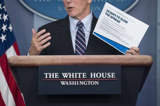 Vice President Mike Pence delivers remarks on the COVID-19 (Coronavirus) pandemic alongside members of the Coronavirus Task Force in the Brady Press Briefing Room at the White House in Washington, DC, March 25, 2020, in Washington, D.C.  WAP20200325903 SARAHxSILBIGER