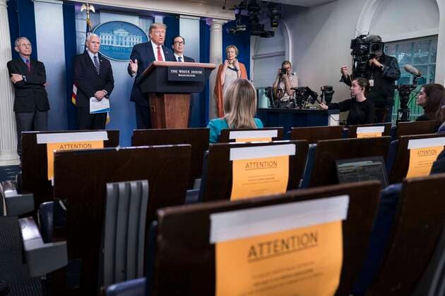March 25, 2020, Washington, District of Columbia, USA: United States President Donald J. Trump delivers remarks on the COVID-19 (Coronavirus) pandemic alongside members of the Coronavirus Task Force in the Brady Press Briefing Room at the White House in Washington, DC, March 25, 2020, in Washington, D.C. Standing behind the President, from left to right: Director of the National Institute of Allergy and Infectious Diseases at the National Institutes of Health Dr. Anthony Fauci; US Vice President Mike Pence; US Secretary of the Treasury Steven T. Mnuchin; and Dr. Deborah L. Birx, White House Coronavirus Response Coordinator Washington USA - ZUMAs152 20200325_zaa_s152_158 Copyright: xSarahxSilbigerx