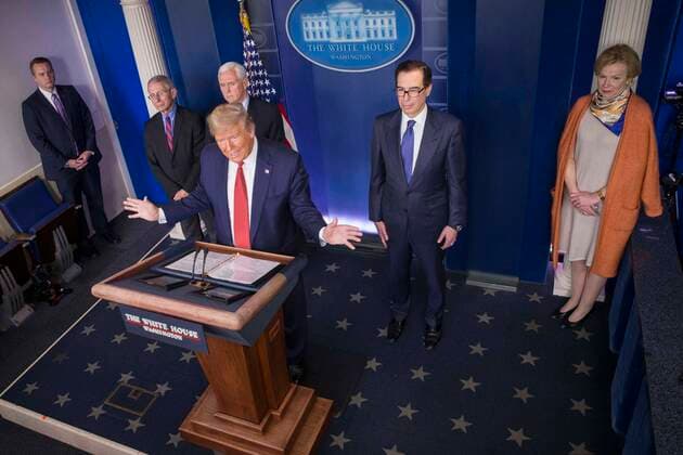 March 25, 2020, Washington, District of Columbia, USA: United States President Donald J. Trump delivers remarks on the COVID-19 (Coronavirus) pandemic alongside Vice President Mike Pence and members of the Coronavirus Task Force in the Brady Press Briefing Room at the White House in Washington, DC, March 25, 2020, in Washington, D.C. Standing behind the President, from left to right: Director of the National Institute of Allergy and Infectious Diseases at the National Institutes of Health Dr. Anthony Fauci; US Vice President Mike Pence; US Secretary of the Treasury Steven T. Mnuchin; Dr. Deborah L. Birx, White House Coronavirus Response Coordinator Washington USA - ZUMAs152 20200325_zaa_s152_161 Copyright: xSarahxSilbigerx