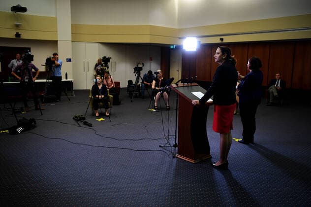 QUEENSLAND SCHOOLS COVID-19 PRESSER, Queensland Premier Annastacia Palaszczuk is seen during a press conference at Parliament House in Brisbane, Thursday, March 26, 2020. They have announced that Queensland schools will be student-free from next week due to the coronavirus COVID-19 pandemic. ( NO ARCHIVING, EDITORIAL USE ONLY, NO USE IN BOOKS WITHOUT CONSENT BRISBANE QUEENSLAND AUSTRALIA  Copyright: xDANxPELEDx 20200326001460045059