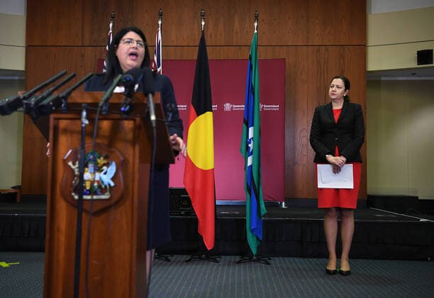 QUEENSLAND SCHOOLS COVID-19 PRESSER, Queensland Minister for Education Grace Grace (left), watched by Premier Annastacia Palaszczuk, speaks during a press conference at Parliament House in Brisbane, Thursday, March 26, 2020. They have announced that Queensland schools will be student-free from next week due to the coronavirus COVID-19 pandemic. ( NO ARCHIVING, EDITORIAL USE ONLY, NO USE IN BOOKS WITHOUT CONSENT BRISBANE QUEENSLAND AUSTRALIA  Copyright: xDANxPELEDx 20200326001460074449