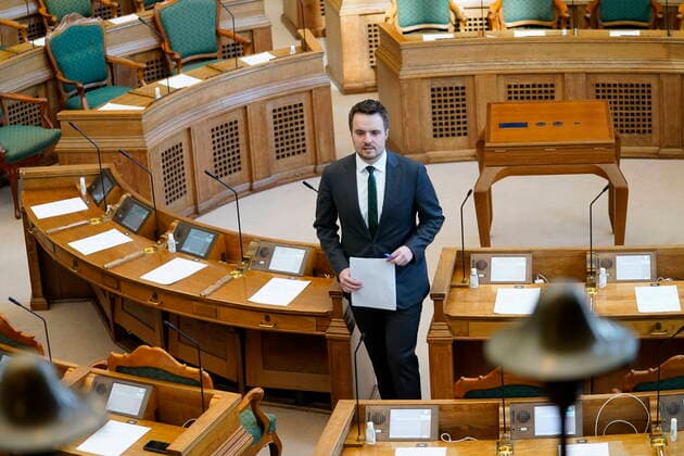 Business Minister Simon Kollerup S Folketinget discusses proposals from the government on COVID 19 emergency legislation, in the Folketing Hall in Christiansborg on Thursday, March 26, 2020, Copenhagen Denmark,  Copyright: IdaxGuldbaekxArentsenx spdk20200326-103118-L