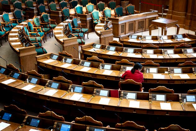 The Danish Parliament discusses proposals from the government on COVID 19 emergency legislation, in the Folketing Hall in Christiansborg on Thursday, March 26, 2020, Copenhagen Denmark,  Copyright: RitzauxScanpix IdaxGuldbaekxArentsenx cop108 spdk20200326-110407-L