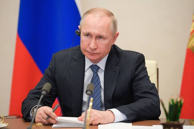 MOSCOW REGION, RUSSIA - MARCH 26, 2020: Russia s President Vladimir Putin takes part in an extraordinary G20 Summit via a video link. The summit is dedicated to the COVID-19 coronavirus pandemic and is held online for the first time. Alexei Druzhinin Russian Presidential Press and Information Office TASS  TS0D368A