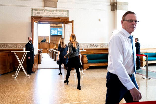 MF stands in cow in Vandrehallen on Christiansborg, in front of Folketingssalen, by vote on COVID 19 emergency legislation, Thursday 26 March 2020, Copenhagen Denmark,  Copyright: RitzauxScanpix IdaxGuldbaekxArentsenx spdk20200326-150355-L