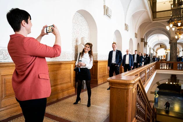 MF stands in cow in Vandrehallen on Christiansborg, in front of Folketingssalen, by vote on COVID 19 emergency legislation, Thursday 26 March 2020, Copenhagen Denmark,  Copyright: RitzauxScanpix IdaxGuldbaekxArentsenx spdk20200326-150434-L