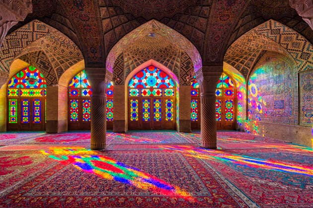 Nasir-ol-Molk Mosque (Pink Mosque), light patterns from colored stained glass illuminating the iwan, Shiraz, Fars Province, Iran, Middle East Copyright: G&MxTherin-Weise 1131-1407