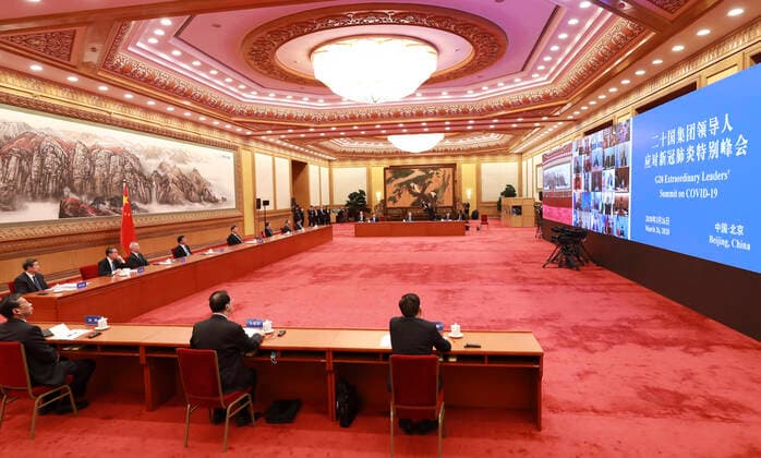 (200326) -- BEIJING, March 26, 2020 -- Chinese President Xi Jinping attends the G20 Extraordinary Virtual Leaders Summit on COVID-19 via video link in Beijing, capital of China, March 26, 2020. ) CHINA-BEIJING-G20-SUMMIT-COVID-19 (CN) PangxXinglei 
