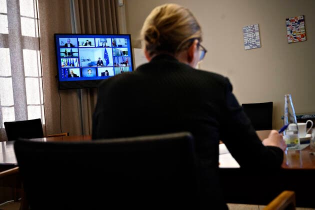 Prime Minister Mette Frederiksen S holds EU summit with EU state and government leaders at a video conference from Marienborg, Thursday 26 March 2020 On the agenda are COVID 19 coronavirus initiatives and initiatives as a result, Kongens Lyngby Denmark,  Copyright: PhilipxDavali PhilipxDavalix spdk20200326-165726-L