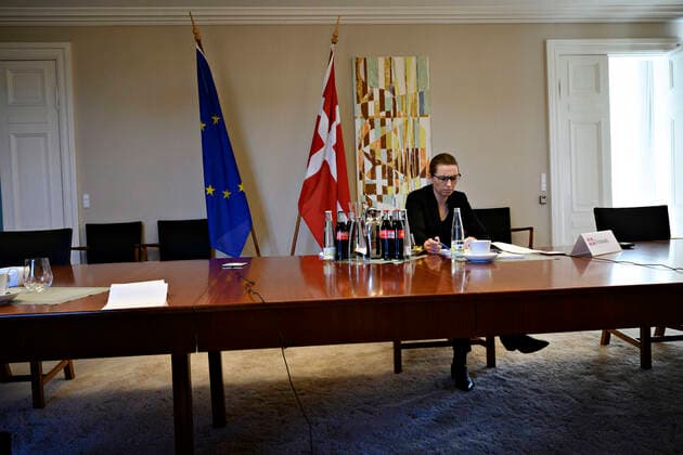 Prime Minister Mette Frederiksen S holds EU summit with EU state and government leaders at a video conference from Marienborg, Thursday 26 March 2020 On the agenda are COVID 19 coronavirus initiatives and initiatives as a result, Kongens Lyngby Denmark,  Copyright: PhilipxDavali PhilipxDavalix spdk20200326-165737-L