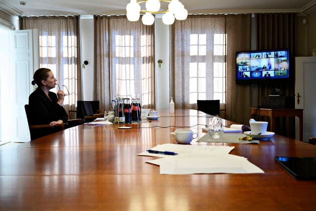 Prime Minister Mette Frederiksen S holds EU summit with EU state and government leaders at a video conference from Marienborg, Thursday 26 March 2020 On the agenda are COVID 19 coronavirus initiatives and initiatives as a result, Kongens Lyngby Denmark,  Copyright: PhilipxDavali PhilipxDavalix spdk20200326-165743-L