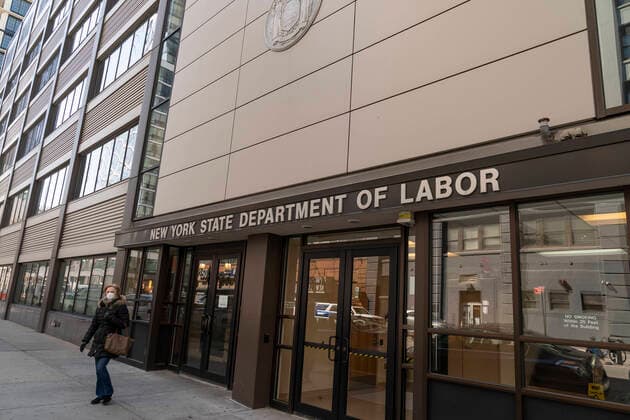 Unemployment claims soared because of COVID-19 pandemic View of Brooklyn office of NYS Department of Labor as unemployment claims in USA soared to 3.3 million in week ended March 21 because of COVID-19 pandemic New York New York United States Copyright: LevxRadin