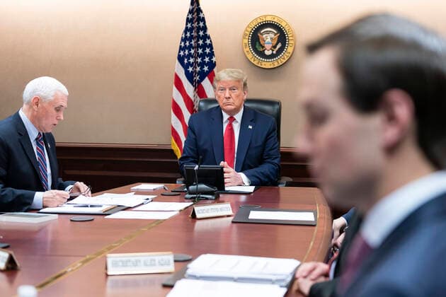 March 26, 2020, Washington, DC, United States of America: U.S President Donald Trump joined by Vice President Mike Pence, participates in a governors video teleconference on partnership to prepare, mitigate and respond to COVID-19 in the Situation Room of the White House March 26, 2020 in Washington, DC. Washington United States of America - ZUMAp138 20200326_zaa_p138_008 Copyright: xShealahxCraighead WhitexHousex