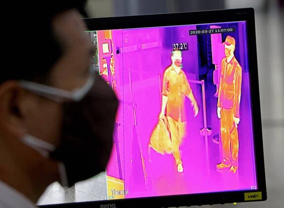 March 27, 2020, Bangkok, Thailand: Thai official monitor at the termo scan on passenger for symptoms of Coronavirus Covid-19 at bus terminal in Bangkok on March 27, 2020. Globally, the virus has now infected more than 532,670 people and killed at least 24,092. Bangkok Thailand - ZUMAu103 20200327_zia_u103_006 Copyright: xUrdeexImagex