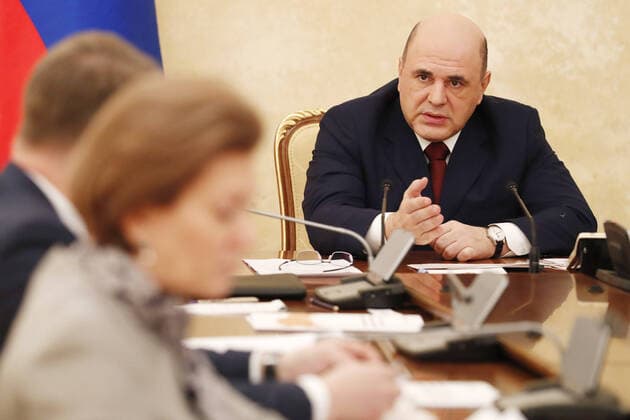 MOSCOW, RUSSIA - MARCH 27, 2020: Russia s Prime Minister Mikhail Mishustin (R) holds a meeting of the Government Coordination Council to Control the Incidence of the Novel Coronavirus Infection. Dmitry Astakhov POOL TASS  TS0D37ED