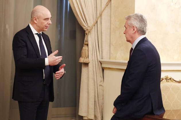MOSCOW, RUSSIA - MARCH 27, 2020: Russia s Finance Minister Anton Siluanov (L) and Moscow Mayor Sergei Sobyanin ahead of a meeting of the Government Coordination Council to Control the Incidence of the Novel Coronavirus Infection. Dmitry Astakhov POOL TASS  TS0D37FF