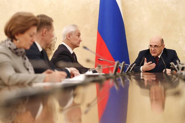 MOSCOW, RUSSIA - MARCH 27, 2020: Russia s Prime Minister Mikhail Mishustin, his deputies Andrei Belousov, Tatyana Golikova, Healthcare Minister Mikhail Murashko and Chief State Sanitary Physician Anna Popova (R-L) attend a meeting of the Government Coordination Council to Control the Incidence of the Novel Coronavirus Infection. Dmitry Astakhov POOL TASS  TS0D3804