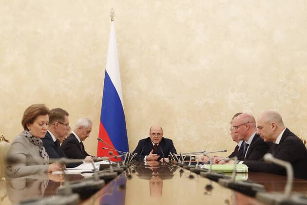 MOSCOW, RUSSIA - MARCH 27, 2020: Russia s Prime Minister Mikhail Mishustin (C) holds a meeting of the Government Coordination Council to Control the Incidence of the Novel Coronavirus Infection, attended by Russia s Chief State Sanitary Physician Anna Popova, Healthcare Minister Mikhail Murashko, First Deputy Prime Minister Andrei Belousov (L-R), Finance Minister Anton Siluanov and Moscow Mayor Sergei Sobyanin (R-L). Dmitry Astakhov POOL TASS  TS0D3808