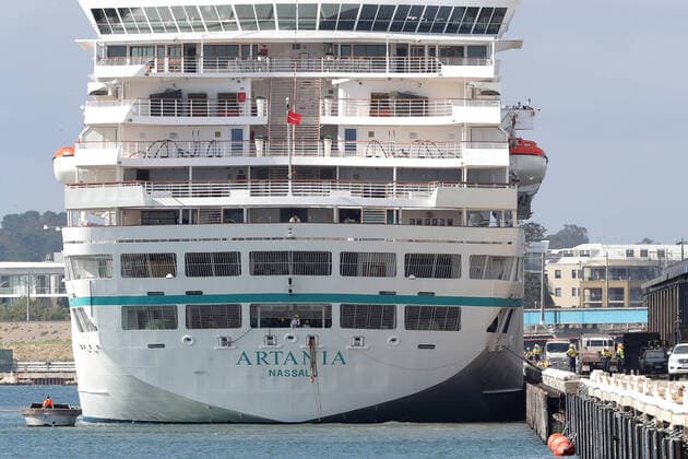 COVID-19 CRUISE PASSENGERS PERTH, The cruise ship Artania is seen docked in Fremantle harbour in Fremantle on Friday, March 27, 2020. Nine people confirmed or suspected of being infected with coronavirus have disembarked from the Artania cruise ship and will be treated in Perth. Two other people, who do not have COVID-19, are in a critical condition with other illnesses. None of the 800 passengers or 500 crew onboard are Australian, with the majority coming from Germany. ( NO ARCHIVING, EDITORIAL USE ONLY, NO USE IN BOOKS WITHOUT CONSENT PERTH WA AUSTRALIA  Copyright: xRICHARDxWAINWRIGHTx 20200327001460426327
