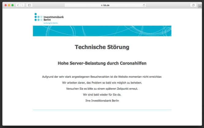 27 03 2020, Berlin, Germany, CEF Reference to a technical malfunction of the website of Investitionsbank Berlin due to corona grants