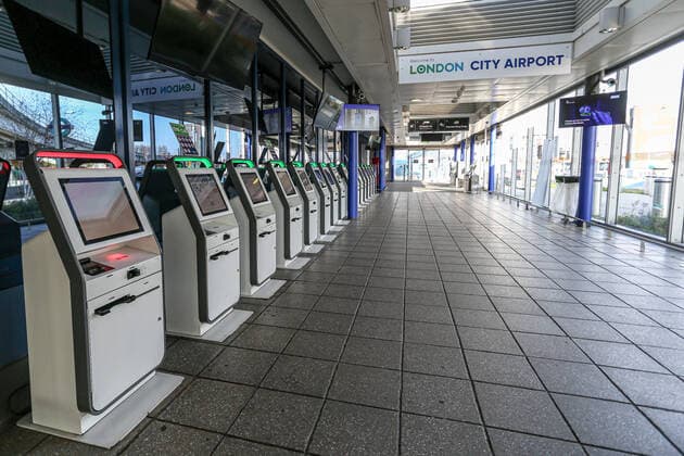 This is a general view of the terminal check-in at the London City Airport which is seen empty, in east London, Thursday, March 26, 2020, the airport is closed till at least the end of April due to coronavirus outbreak. (Photo Vudi Xhymshiti)  iMagoVX