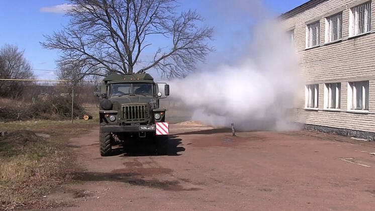RUSSIA - MARCH 27, 2020: Pictured in this video grab is an emergency response exercise by Russian Army chemical, biological and radiological defence troops based around a scenario of a virus outbreak. As of 27 March 2020, Russia has reported more than 1000 confirmed cases of the novel coronavirus. Video grab. Defence Ministry of the Russian Federation TASS  TS0D3864