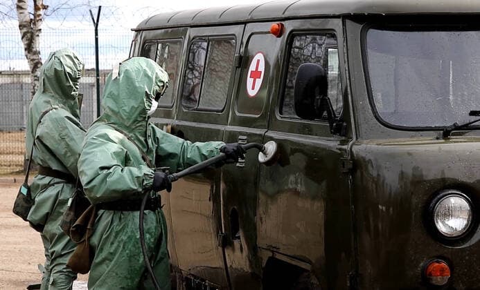 RUSSIA - MARCH 27, 2020: Pictured in this video grab is an emergency response exercise by Russian Army chemical, biological and radiological defence troops based around a scenario of a virus outbreak. As of 27 March 2020, Russia has reported more than 1000 confirmed cases of the novel coronavirus. Video grab. Defence Ministry of the Russian Federation TASS  TS0D3868