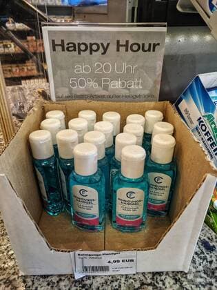 March 27, 2020, Munich, Bavaria, Germany: Despite the shortages and supply restrictions, some businesses have hand sanitizer in stock and are price gouging, such as for 5 Euros (approximately 5.50 USD) for 50ml in Munich, Germany. Munich Germany - ZUMAb160 20200327_zbp_b160_001 Copyright: xSachellexBabbarx