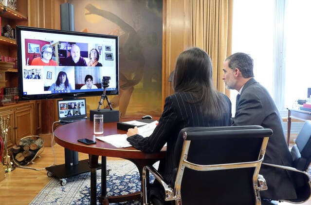 27-03-2020 King Felipe and Queen Letizia during a videoconference with the Spanish Committee of Representatives of People with Disabilities. at Zarzuela Palace in Madrid, Spain Its president Luis Cayo explained to them that, with COVID19, its fundamental mission is to look after people with disabilities and their families.  Copyright: xPPEx