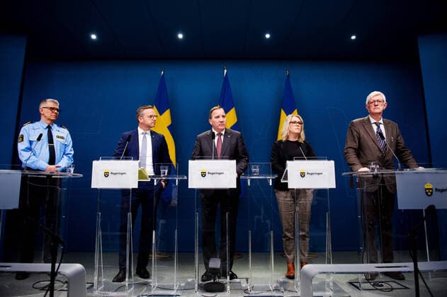 200327 Anders Thornberg, chief of police, Mikael Damberg, Minister for Home Affairs, Stefan Löfven, Prime Minister of Sweden Lena Hallengren, Minister for Health and Social Affairs, and Johan Carlson, Director General at The Public Health Agency, at a press conference with the government of Sweden regarding the coronavirus, covid-19, on March 27, 2020 in Stockholm. Copyright: MAXIMxTHORE 47099186st