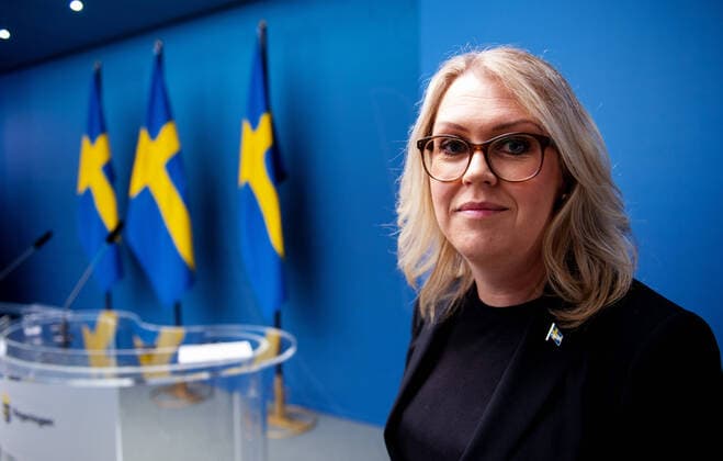 200327 Lena Hallengren, Minister for Health and Social Affairs, poses for a portrait at a press conference with the government of Sweden regarding the coronavirus, covid-19, on March 27, 2020 in Stockholm.  Copyright: MAXIMxTHORE 47099325st