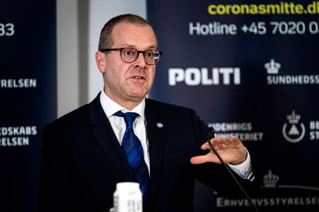 Director of WHO Europe, Hans Kluge Director of Health, Soeren Brostroem, holds press letter with WHO Europe director Hans Kluge and gives status on the Danish handling of coronavirus covid19 in Eigtveds Pakhus on Friday 27 March 2020, Copenhagen Denmark,  Copyright: RitzauxScanpix IdaxGuldbaekxArentsenx cop110 spdk20200327-150359-L