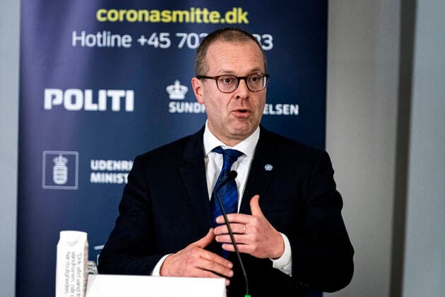 Director of WHO Europe, Hans Kluge Director of Health, Soeren Brostroem, holds press letter with WHO Europe director Hans Kluge and gives status on the Danish handling of coronavirus covid19 in Eigtveds Pakhus on Friday 27 March 2020, Copenhagen Denmark,  Copyright: RitzauxScanpix IdaxGuldbaekxArentsenx cop110 spdk20200327-150420-L