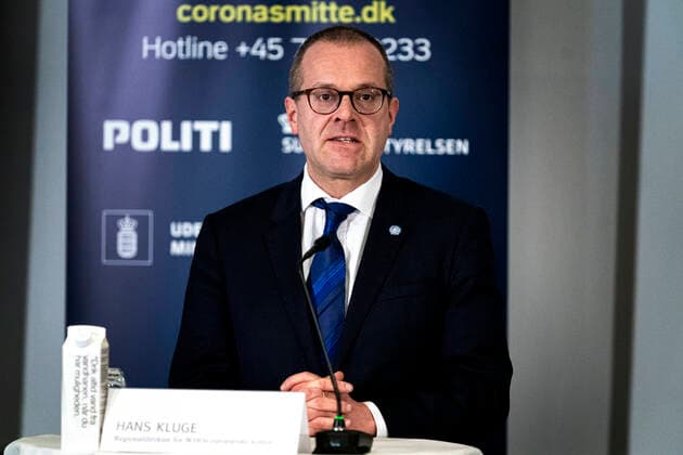 Director of WHO Europe, Hans Kluge Director of Health, Soeren Brostroem, holds press letter with WHO Europe director Hans Kluge and gives status on the Danish handling of coronavirus covid19 in Eigtveds Pakhus on Friday 27 March 2020, Copenhagen Denmark,  Copyright: RitzauxScanpix IdaxGuldbaekxArentsenx cop110 spdk20200327-150425-L
