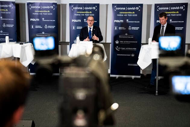 The Health Boards director, Soeren Brostroem, holds a press letter together with WHO Europes director Hans Kluge and gives status on the Danish handling of coronavirus covid19 in Eigtveds Pakhus on Friday 27 March 2020, Copenhagen Denmark,  Copyright: RitzauxScanpix IdaxGuldbaekxArentsenx cop110 spdk20200327-150446-L
