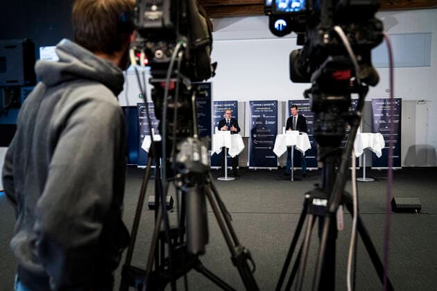 The Health Boards director, Soeren Brostroem, holds a press letter together with WHO Europes director Hans Kluge and gives status on the Danish handling of coronavirus covid19 in Eigtveds Pakhus on Friday 27 March 2020, Copenhagen Denmark,  Copyright: RitzauxScanpix IdaxGuldbaekxArentsenx cop110 spdk20200327-150457-L