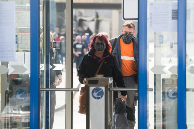 Employees last morning shift of bus manufacturer Iveco CZ (Iveco Bus) leave Iveco s plant in Vysoke Myto, Czech Republic, after decision to shutdown of the plant in relation to coronavirus outbreak, on March 27, 2020. (CTKxPhoto JosefxVostarek) CTKPhotoP202003270567601 JVO 003
