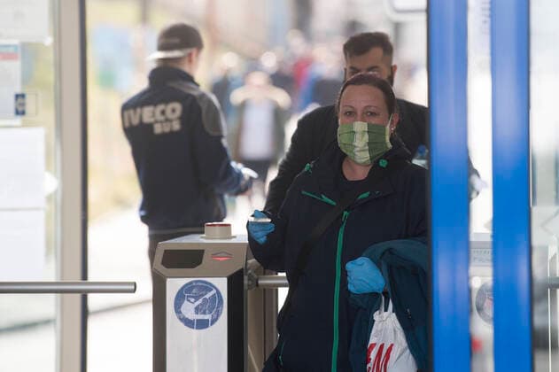 Employees last morning shift of bus manufacturer Iveco CZ (Iveco Bus) leave Iveco s plant in Vysoke Myto, Czech Republic, after decision to shutdown of the plant in relation to coronavirus outbreak, on March 27, 2020. (CTKxPhoto JosefxVostarek) CTKPhotoP202003270570901 JVO 008