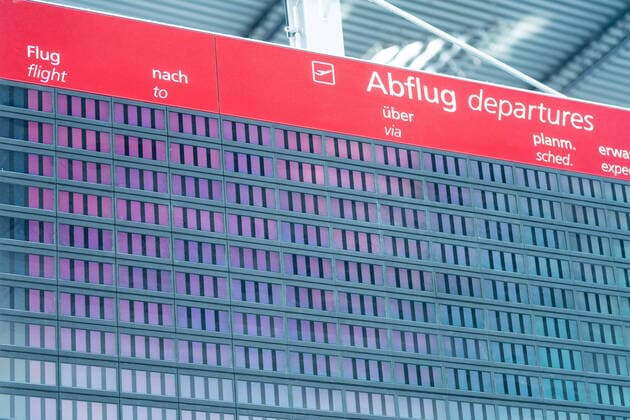 Dresden Airport The departure board is completely empty, no flight departs from Dresden Airport The deserted Dresden Airport All check-in counters are unmanned and closed ¨