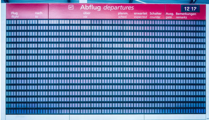 Dresden Airport The departure board is completely empty, no flight departs from Dresden Airport The deserted Dresden Airport All check-in counters are unmanned and closed ¨