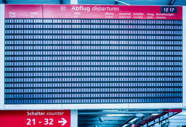 Dresden Airport The departure board is completely empty, no flight departs from Dresden Airport The deserted Dresden Airport All check-in counters are unmanned and closed ¨