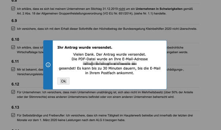 27 03 2020, NRW , Starting at noon, self-employed persons and micro-enterprises can apply for emergency aid from the federal government within the framework of the Corona crisis Here is a screenshot of emergency aid that has been submitted and applied for