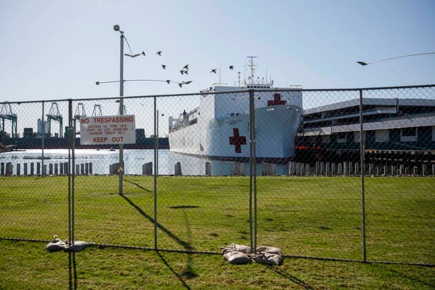March 27, 2020, San Pedro, California, USA: The U.S. Navy hospital ship USNS Mercy docks at the Port of Los Angeles to provide relief to area hospitals impacted by the novel coronavirus on Friday, March 27, 2020 in San Pedro, California. The ship will offer 1,000 beds for treatment to non-infected patients in order to allow LA hospitals to focus on patients suffering from the virus and increase hospital capacity to treat COVID-19. Ã‚ 2020 Patrick T. Fallon San Pedro USA - ZUMAf72_ 20200327_zaf_f72_007 Copyright: xPatrickxFallonx