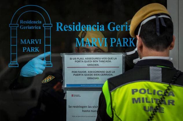 Members of the Spanish Army s Military Emergency Unit (UME) work on the disinfection of Marvin Park geriatric in Barcelona, Catalonia, Spain, 27 March 2020. Spain faces the 13th consecutive day of national lockdown in an effort to slow down the spread of the pandemic COVID-19 disease caused by the SARS-CoV-2 coronavirus. Coronavirus in Spain !ACHTUNG: NUR REDAKTIONELLE NUTZUNG!  Copyright: xEnricxFontcubertax GRAF2453 20200327-637209369312993273