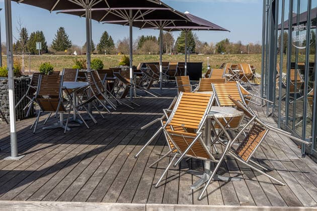empty outdoor terraces in the time of closed restaurants due to exit restriction in the coronavirus pandemic in Bavaria Impressions Outside in the exit restriction Corona Virus